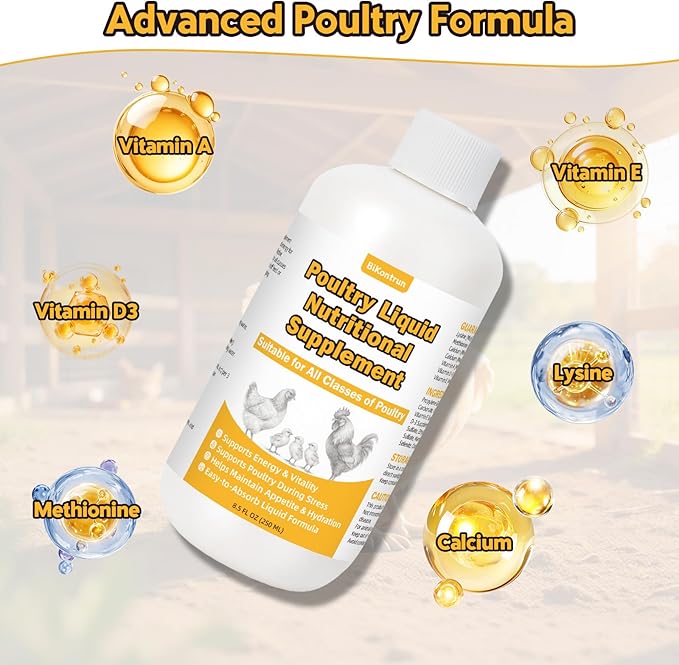 Liquid Poultry Supplement for Chickens, 8.5 fl oz – Energy & Vitamin Support for Weak or Stressed Birds, Ideal for Heat Stress, Appetite & Recovery, Mix in Water or Direct Oral Use, Dropper Included