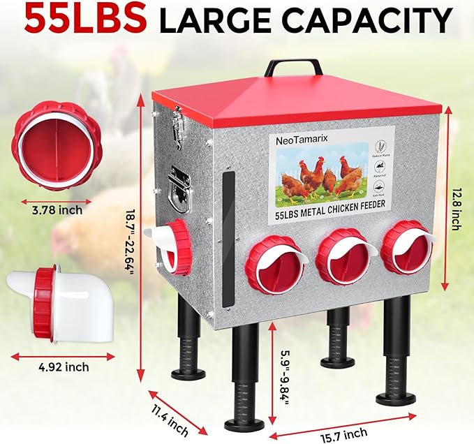 55lbs No Waste Automatic Chicken Feeder, Large Metal Poultry Feeder with 8 Feeding Ports & View Window, Weatherproof, Adjustable Height, and Locking Lid for Chickens, Ducks, Geese