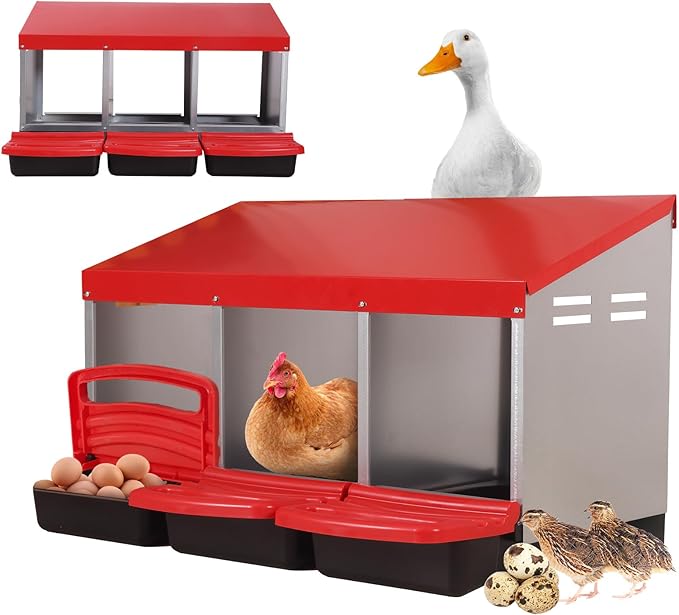 Chicken Nesting Boxes, 3 Compartments Egg Collection with Removable Drawer, Chicken Metal Laying Nest Box for Hens, Easy to Assemble, for Chicken Coop, Red