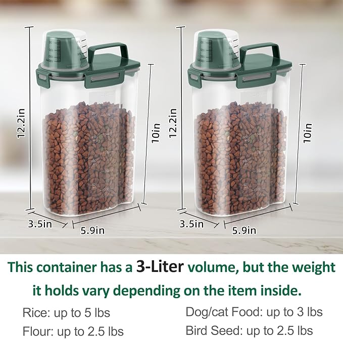 2 Pack 3 Lbs Dog Cat Food Storage Containers for Travel, Portable Pet Food Storage Container, Easy-Pouring Bird Seed Dispenser, Airtight Rice Cereal Oatmeal Flour Holder -Pine Green