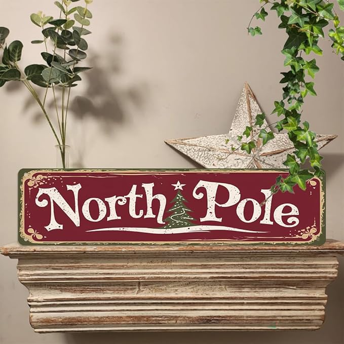 Rustic North Pole Metal Sign, 16x4 Inch - Christmas Tree Art Decorative Sign for Bathroom, Bedroom, Cafe, Bar, Balcony, Distressed Finish Plaque Wall Art Decor, Christmas Room Decor