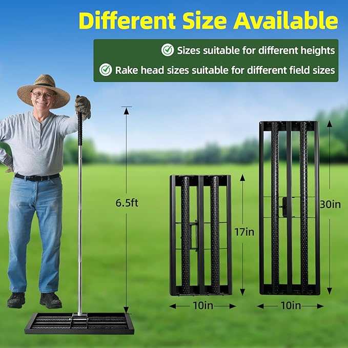 Lawn Leveling Rake 17"×10", Stainless Steel Landscaping Tool with 6.5ft Adjustable Handle, Effort-Saving with 2 Rollers, Foldable Leveler Rake for Yard, Topsoil, Farm, Backyard, Black