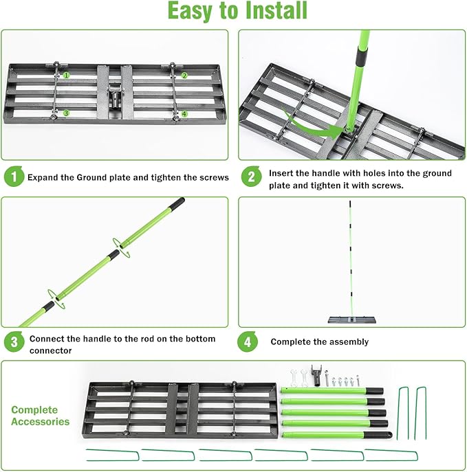 Lawn Leveling Rake 30x10 inch,Stainless Steel Lawn Leveler with Green Positioning Stakes,78" Adjustable Long Handle,Heavy Duty Level Lawn Tool for Backyard, Garden, Golf Course, Farm, Pasture