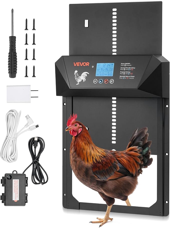 VEVOR Automatic Chicken Coop Door, DC & Battery Powered Chicken Door with LCD Display, Light Sensor, Timer & Manual Setting, Anti-Pinch Security, Durable Aluminum Alloy, Chick Run Gate Opener for Farm
