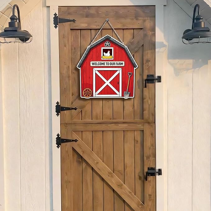 Farmhouse Wall Decor, Red Barn Welcome to Our Farm Sign with Chicken, Rustic Cartoon Painting Style Wood Hanging Plaque, Country Farmhouse Wall Art for Kitchen Porch or Entryway, 9.8x10.2 Inches