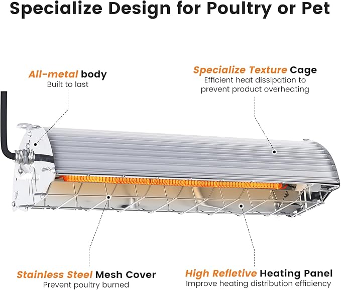 600W Hanging Heater for Poultry Chicken Coop Pet House Livestock Greenhouse, 2 Heating Mode with Adjust Height, 3S Fast Heating