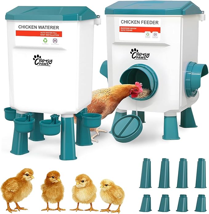 Automatic Chicken Feeder and Waterer Set, Adjustable 3 in 1 Poultry Feeder with Short & Long Legs & Hanging Hook, 7L Chick Waterer & 17.6lb Chick Feeder, No Waste Design for All Poultry Sizes