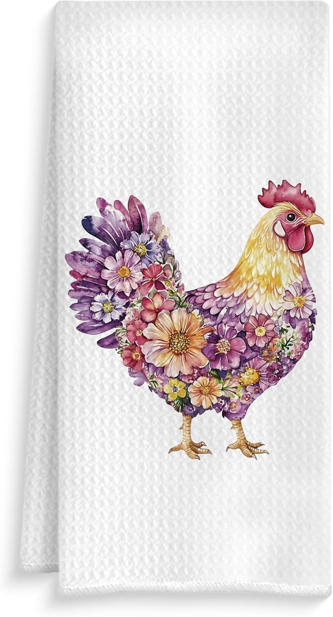 Rustic Purple Floral Rooster Kitchen Towels, Gifts for Chicken Lovers Dish Tea Towels, Farmhouse Flower Chicken Decorative Hand Towel for Bathroom Kitchen, 16x24 Inch