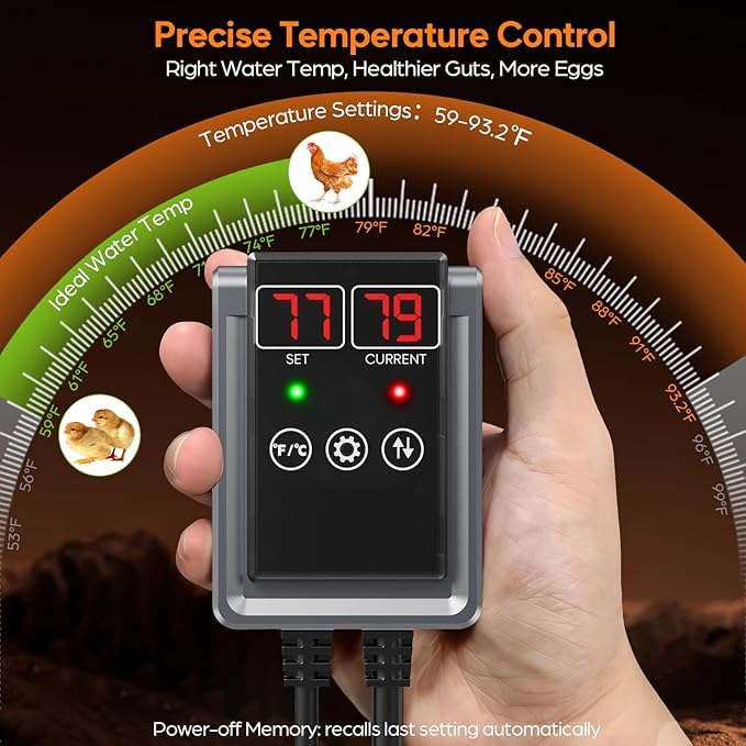 PTC Chicken Water Heater for Winter with Waterproof Thermostat Chicken Waterer Heater with LCD Display, Adjustable Temp, Energy-efficient, Safe Heated Poultry Waterer for Chicken, Pet, Bird Bath