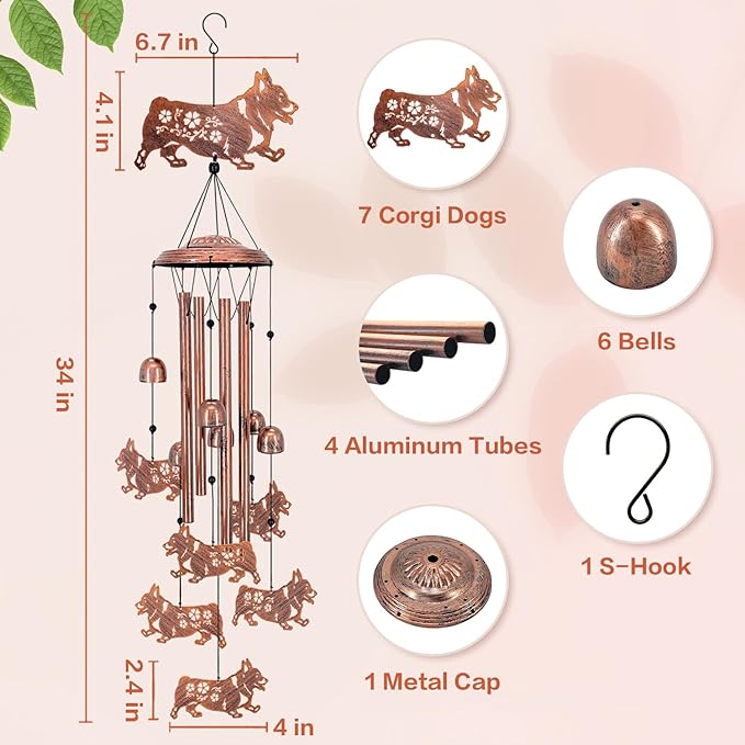 Corgi Dog Wind Chimes Outdoor Dog Gifts for Women Men Mom Gardening Birthday Gifts Metal Memorial WindChimes for Outside/Indoors, Lawn, Patio, Yard Art, Garden Decor, Yard Decorations