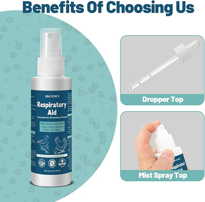 Respiratory Aid for Chicken – Natural Poultry Supplement – Drinking Water Additive – Dropper & Spray Top Included – 4Oz – Safe for All Birds
