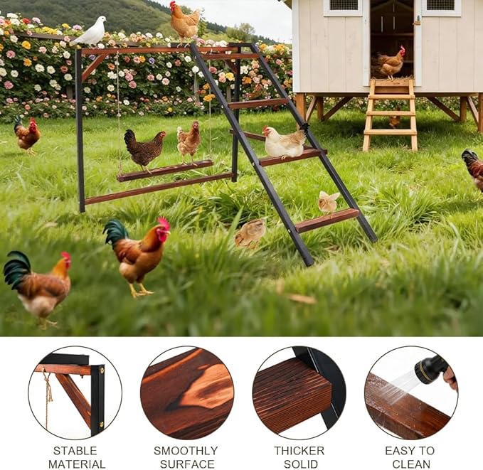 Chicken Perch Swing, Chicken Roosting Bars with Ladder for Coop, Metal Pet Swing Set for Pet's Healthy & Happy for 8-10 Chick (Walnut 1)