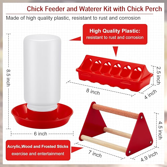 Patelai 7 Pcs Chick Feeder and Waterer Kit Feeding Supplies with Mini Perch Chicken Starter Kit for Coop and Brooder for Small Poultry Ducks Quail