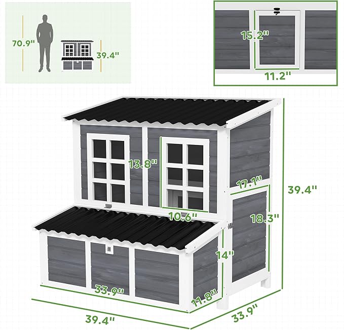 PawHut Wooden Chicken Coop, 39" Chicken House with Nesting Box, Pull-Out Tray, Waterproof Roof, Hen House Outdoor Poultry Cage for 4-6 Chickens, Rabbits, Small Animals, for Backyard, Light Gray