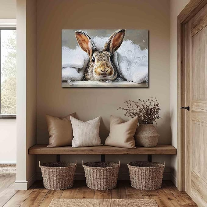 MNFGMH Easter Poster for Wall Cute Bunny Taking a Bath Canvas Print Easter Bathroom Wall Decor for Nursery Kids Room Wooden Frame 20x30 inch