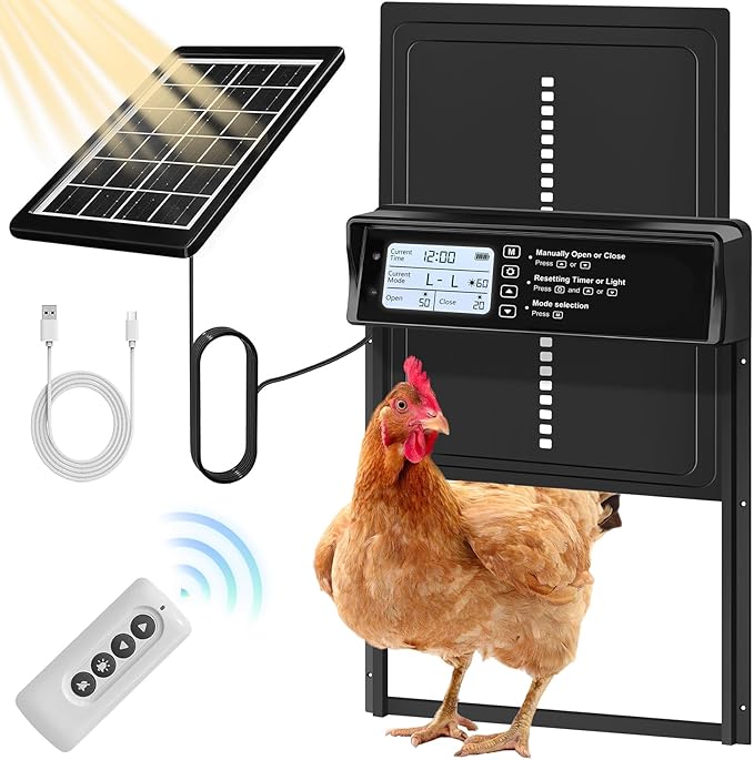 Automatic Chicken Coop Door Solar Powered, LCD Display Automatic Chicken Door with Timer & Light Sensor Mix 4Modes, Aluminum Waterproof Coop Door Charge with Solar Panel & USB,Remote Control