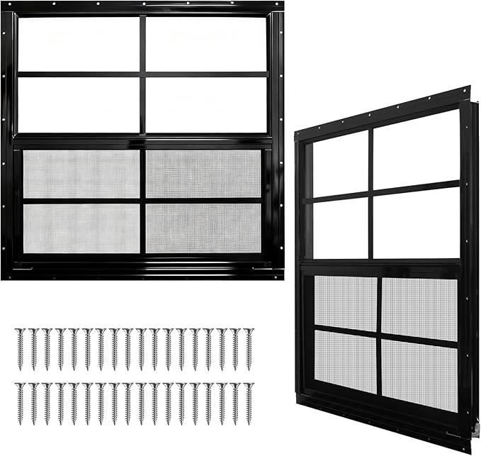 Yuzzy Shed Windows 2 Pack, Chicken Coop Windows 30" x 30" with Tempered Glass and Fiberglass Screen, Flush Mounted Small Window for Shed, Barns, Playhouse, Household, Garage (Black)