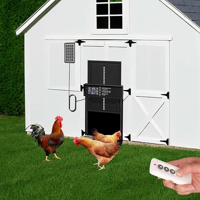 Automatic Chicken Coop Door Solar Powered, LCD Display Chicken Door with Timer & Light Sensor, Remote Control & 4 Modes, Anti-Pinch, Weatherproof
