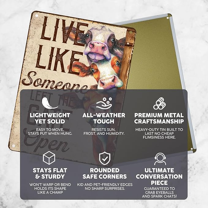 Vintage Cow Tin Sign Live Like Someone Left The Gate Open Retro Metal Poster Rustic Nostalgic Metal Sign Wall Decor For Home Farmhouse Farm Room Cafe Bedroom Office Living Room 16 * 12In