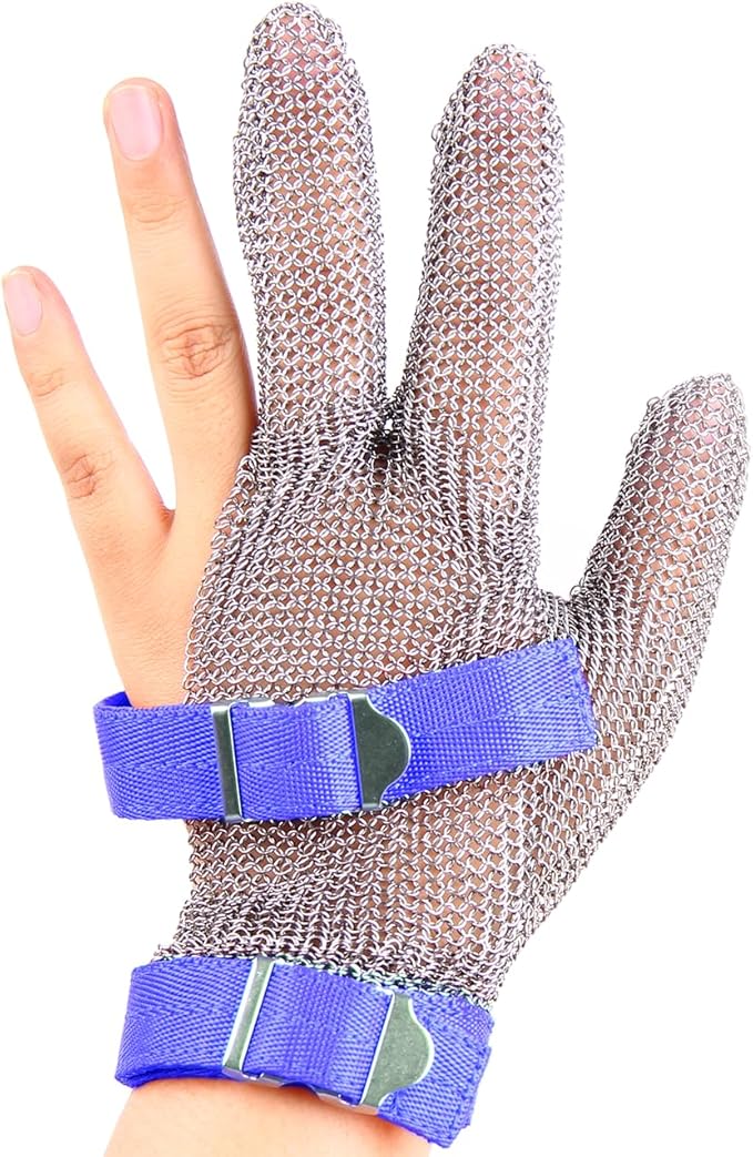 3-Finger Chainmail Glove, Stainless Steel Metal Cut Resistant Glove with Strap (3-Finger, Large (Pack of 1))
