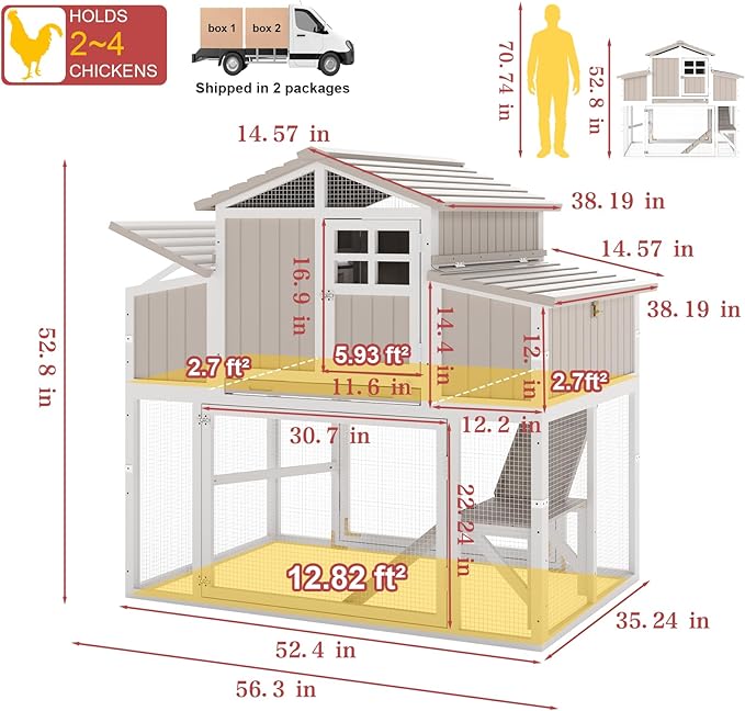Large Chicken Coop Outdoor with Run, Expandable Hen House with 4 Nesting Boxes, Rabbit Hutch Poultry Bunny Cage for 2-4 Chickens with 4 Perches, Removable Tray and Ramp (56.3" L x 35.24" W x 52.8" H)