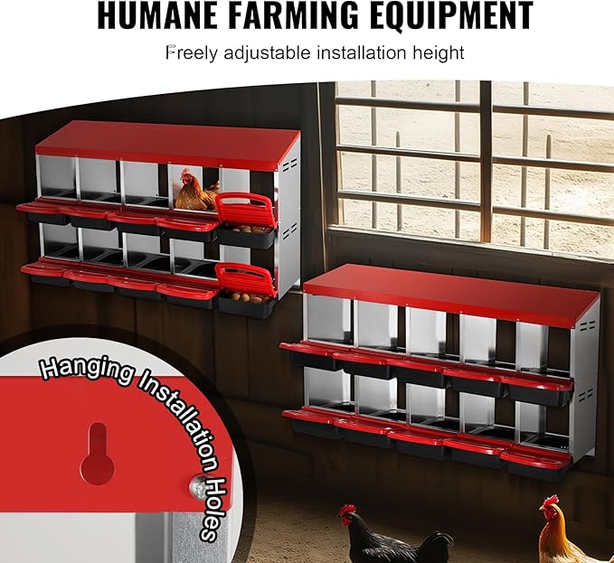 VEVOR Chicken Nest Box, 10-Compartment, 30 to 45 in Stable & Corrosion-Resistant Mental Nesting Boxes with Inclined Nesting Boxes, Bottom Holes & Resting Platform, Fit for Different Chicken Breeds