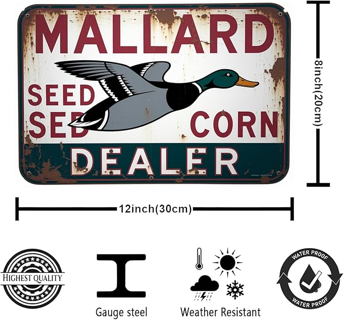 Mallard Duck Seed Corn Dealer tin sign Vintage Rustic Metal Sign Suitable for outdoor decoration, farmhouse garden bar 8 x 12 In, Easy to Hang