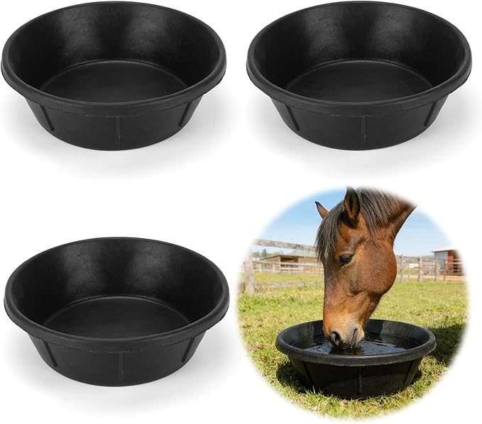 3Pcs Heavy Duty Rubber Feeder Pan, 8Q/2Gal Horses Feed Pan, Large Feed Bucket for Animal Feeding, Livestock Water Bowl Chicken Dust Bath Tub for Horse Goat Pig Dog Farm Livestock Poultry