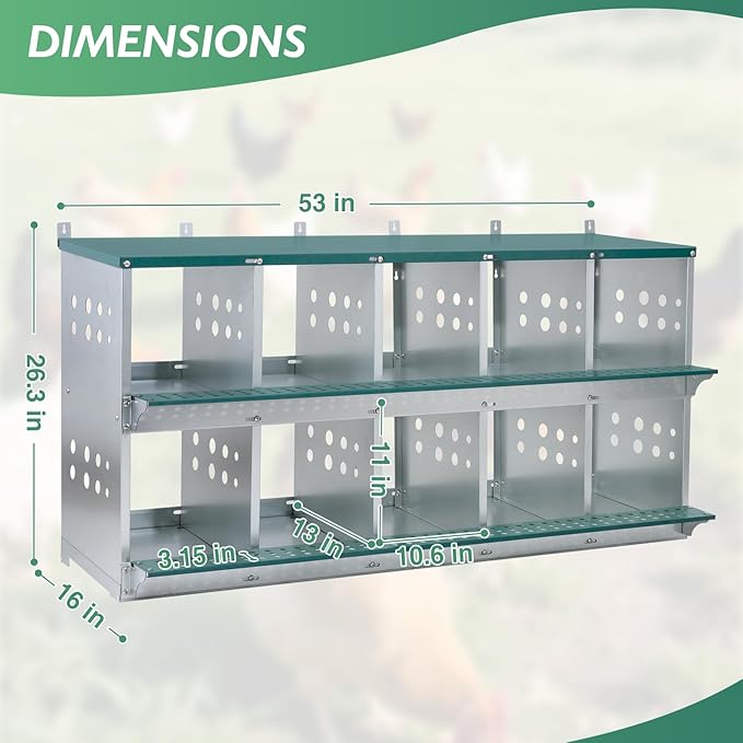 EAGLE PEAK 10-Hole Wall Mounted Chicken Nesting Box, Roll Away Hen Laying Box with Sloped Roof & Easy Clean Tray, Galvanized Steel for Backyard Chicken Coops (Green)