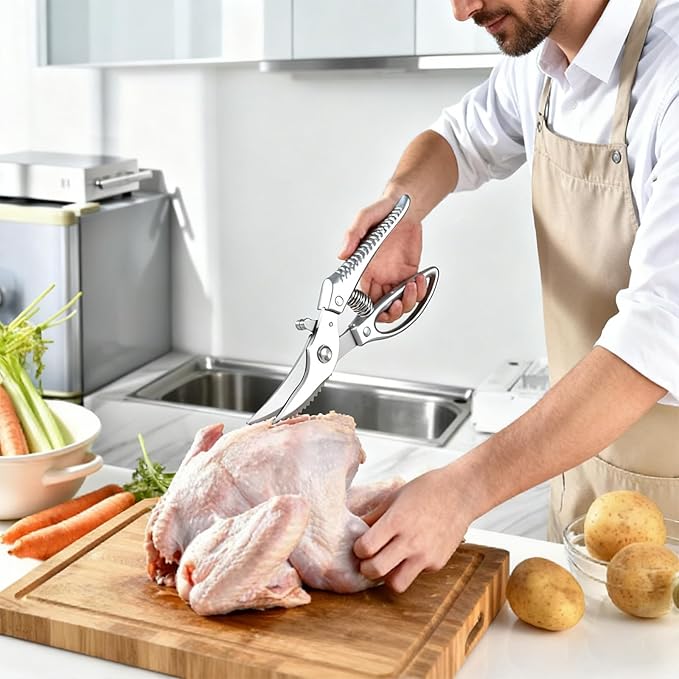 Heavy Duty Kitchen Shears - Professional Poultry Scissors with Anti-Slip Handle & Safety Lock, Spring-Loaded Dishwasher Safe for Chicken, Meat, Fish, Bones, Vegetables