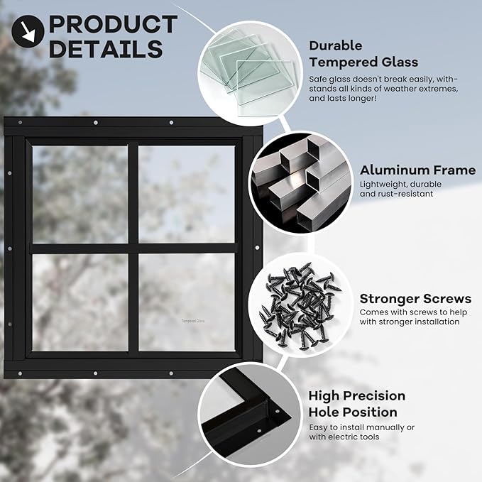 Shed Windows 2 Pack, Chicken Coop Windows 12" x 12" with Tempered Glass, Square Gable Flush Mounted Small Window for Shed, Playhouse, Household, Garage (Black)
