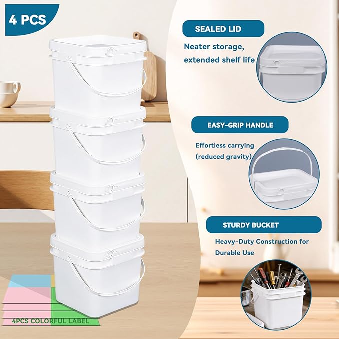Bucket with Lid - 4 Packs Square Clear Plastic Storage Containers, Food Safe with Handle, Airtight Pressure Lids for Kitchen & Home (White, 0.8 gal)