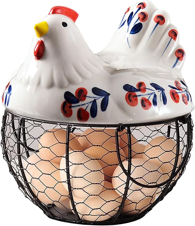 Ceramic Egg Holder, Hollow-Out Wire Chicken Egg Holder with Chicken Shaped Lid, Non Slip Basket Countertop with Handle for Gathering Fresh Eggs