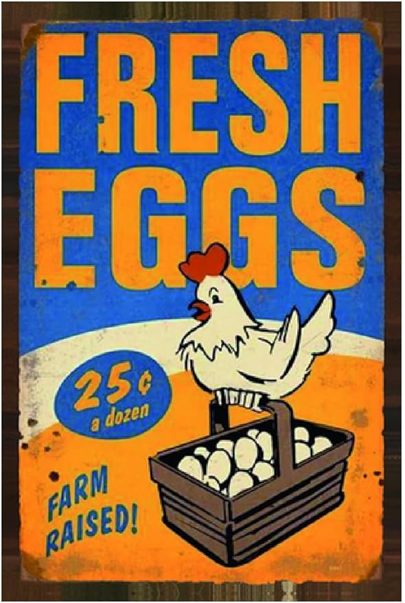 Funny Chicken Sign, Metal Chicken Coop Tin Signs, Fresh Eggs Farm Raised, Yard Sign Garage Farm Garden Wall Decor Sign Plaque Outdoor for Home Fence 8 X 12 Inches