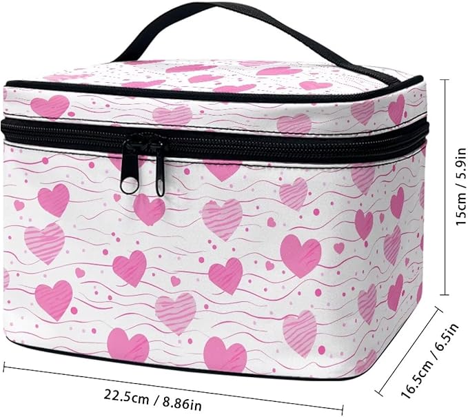 Travel Makeup Bags for Women Portable Tote Cosmetic Case with Carry Handle Toiletry Accessories Storage Organizer Bags for Valentine's Day, Heart Shapes Pink