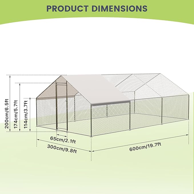19.7 Ft Large Chicken Runs for Yard with Cover, Large Metal Chicken Coop, Spire Roof Metal Chicken Coop with Lock for Outdoor, Backyard, Farm, Duck, Rabbit