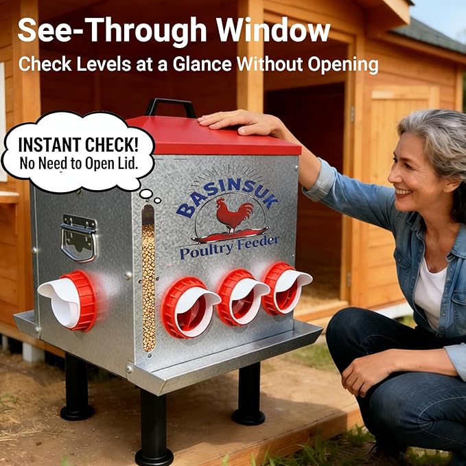 10Gal 55lb Automatic Chicken Feeder 8 Ports, Large Metal Poultry Feeder No Waste Rat-Proof with Window & Catchment Tray, Height Adjustable Waterproof Rust-Proof for Backyard Coop Duck Turkey