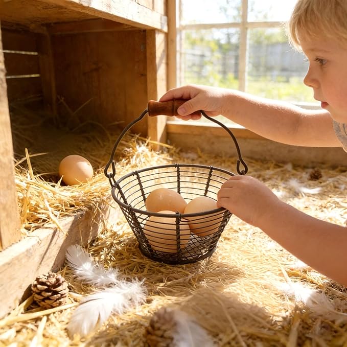 Mini Wire Egg Basket for Gathering Fresh Eggs with Lay-Flat Handle, Small Easter Hunts and Chicken Egg Collecting Basket 2 Pack, Farmhouse Rustic Kitchen Countertop Storage