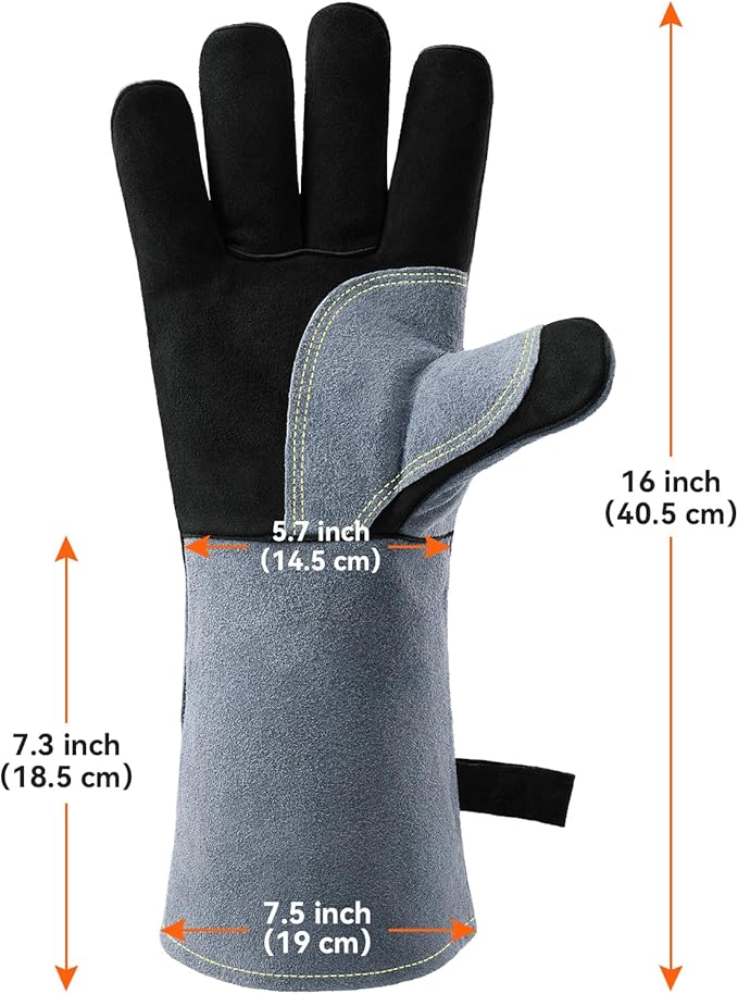OZERO 932°F Heat Resistant Welding Gloves 16 inches Cowhide Leather - Long Sleeve and Insulated Lining BBQ Glove for Tig Welder/Mig/Grill/Barbecue/Stove Black-gray