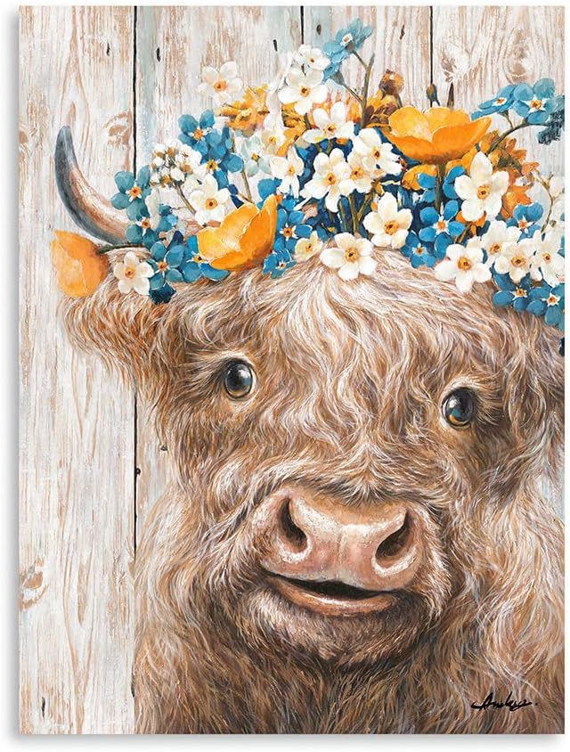 Yidepot Cow Wall Art Farmhouse Decor: Rustic Pretty Furry Cattle Print Wearing Wreaths for Bedroom Cute Abstract Vintage Cow Stuff Artwork Framed Ready to Hang Size 12"x15"