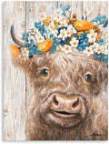 Yidepot Cow Wall Art Farmhouse Decor: Rustic Pretty Furry Cattle Print Wearing Wreaths for Bedroom Cute Abstract Vintage Cow Stuff Artwork Framed Ready to Hang Size 12"x15"