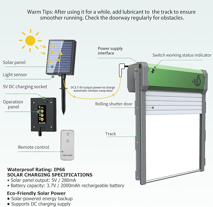 Automatic Chicken Coop Door, Solar Powered Chicken Coop Door with Timer & Light Sensor, Anti-Pinch Function, 4 Modes, Remote Control, IP65 Weatherproof for All Seasons