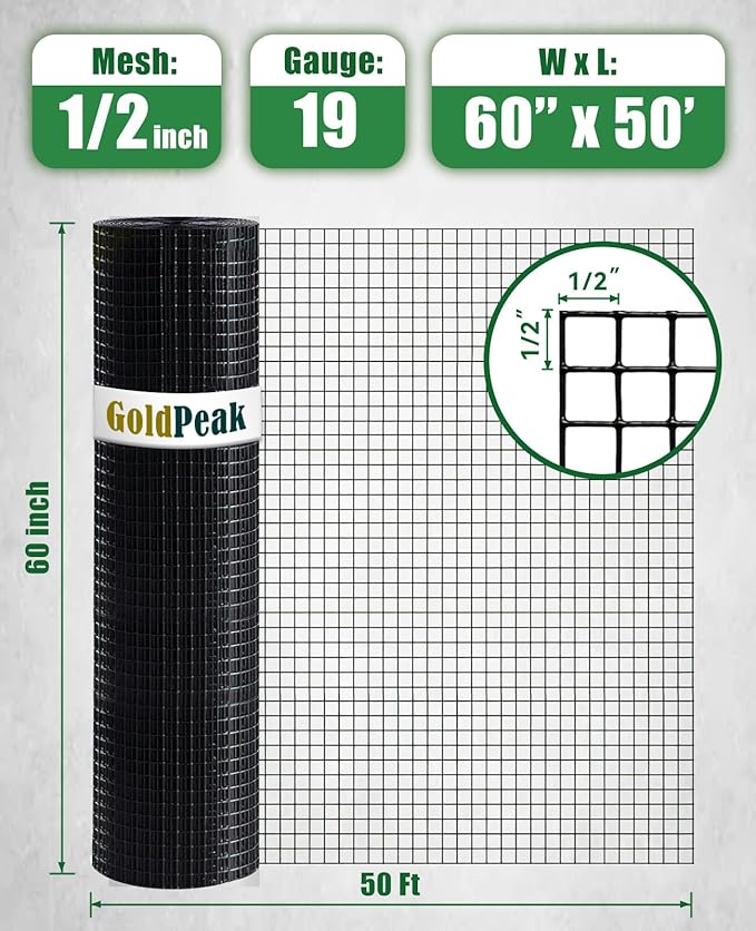 GoldPeak Black Hardware Cloth 1/2 inch Mesh 60 x 50 Ft 19 Gauge - Chicken Wire Mesh Roll Welded Wire Fencing Gopher Mesh Wire Cloth Tree Guard Garden Fence Gopher Mesh Hardware Mesh