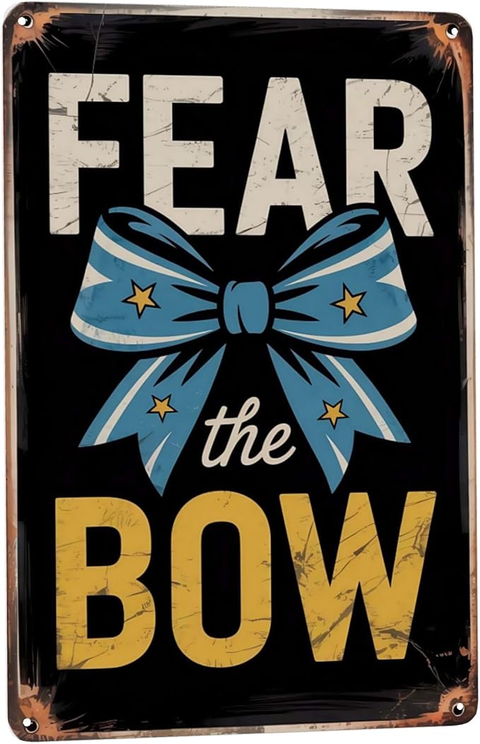 Retro humor wall art sign featuring Cheerleading Cheer Fear The Bow Metal Tin Sign School Gym Decor Perfect For Hanging In Bedroom Locker Room Rustic 8x12 inch metal sign for home bar wall decor
