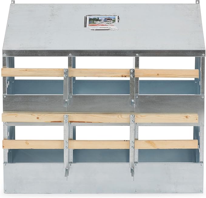 Brower 2-Tier 6-Hole Galvanized Steel Chicken Nesting Box, 30 to 40 Hen Capacity – Outdoor Poultry Laying Station with Hinged Folding Perches, Ventilated Design & Slanted Roof – Made in the USA