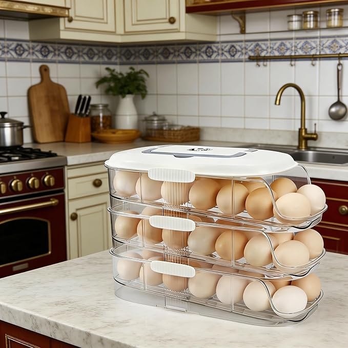 Egg Dispenser for Refrigerator, 3-Layer Clear Plastic Egg Holder Adopt Transparent PET Material & Hidden Handle Design – Egg Organizer for Refrigerator with Cover Lock Buckle (Capacity of 42 Eggs)
