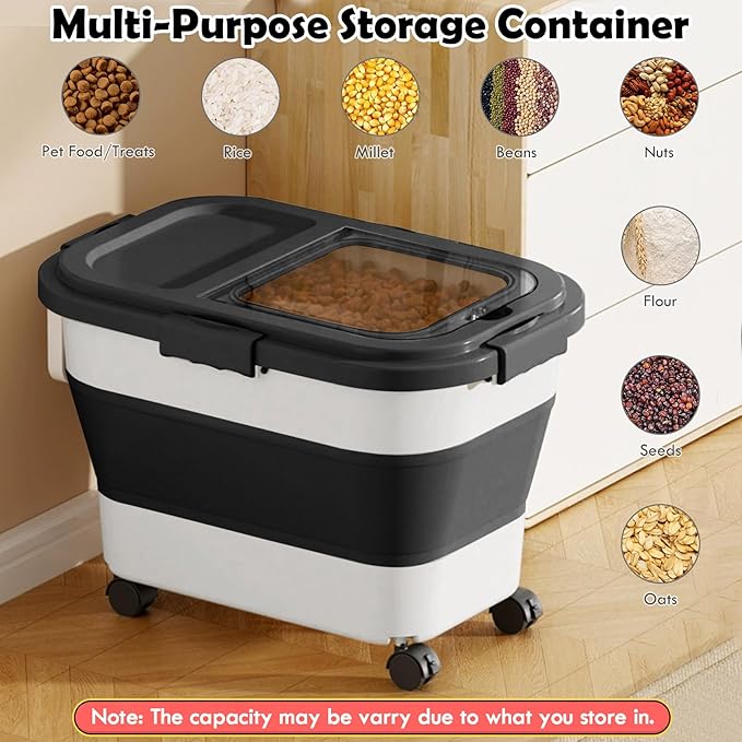 Dog Food Storage Container, 20Lbs Large Collapsible Pet Cat Food Container with Airtight Lids Wheels Handle Scoop Measuring Cup Small Container, Rice Kitchen Dry Food Storage Dispenser Bin (Black)