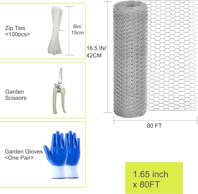 Chicken Wire Fencing, 16.5 Inch x 80 Feet Chicken Wire Mesh Roll for Garden Plants, 0.6 Inch Mesh Hexagonal Galvanized Metal Poultry Wire Netting for Chicken Coop Rabbit Dogs Barrier