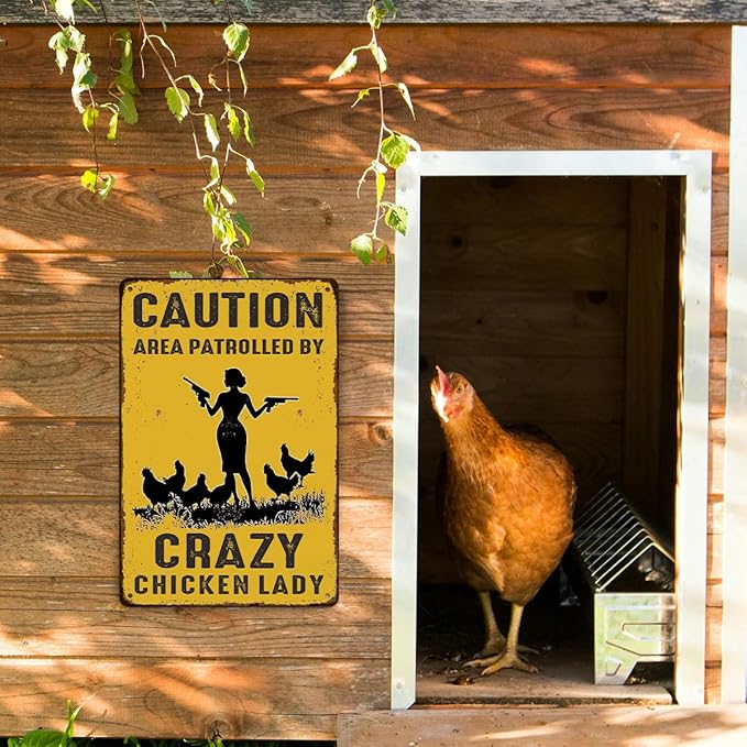 Funny Chicken Gifts for Women Farm Enthusiasts, Caution Area Patrolled By A Crazy Lady Aluminium Plate Signs, Humorous Chicken Decor for Farmhouse Coop Kitchen, Rustic Wall Art Decorations Metal Signs