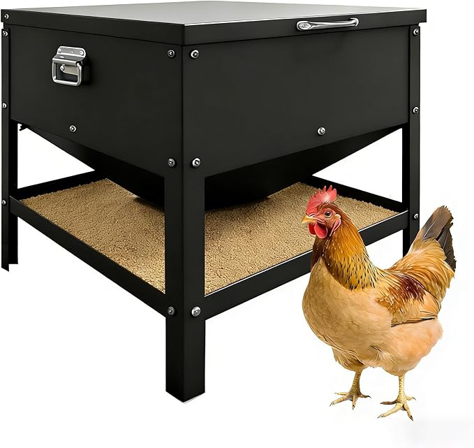Large Metal Chicken Feeder, 80 LBS Heavy Duty Poultry Feeder Box with Waterproof Lid, No Waste Design for Hens, Roosters, Ducks, Suitable for Chicken Coops and Outdoor Use